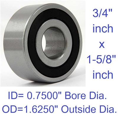 Radial Ball Bearing, Double Sealed, 0.7500" Bore Dia., 1.6250" Outside Dia.